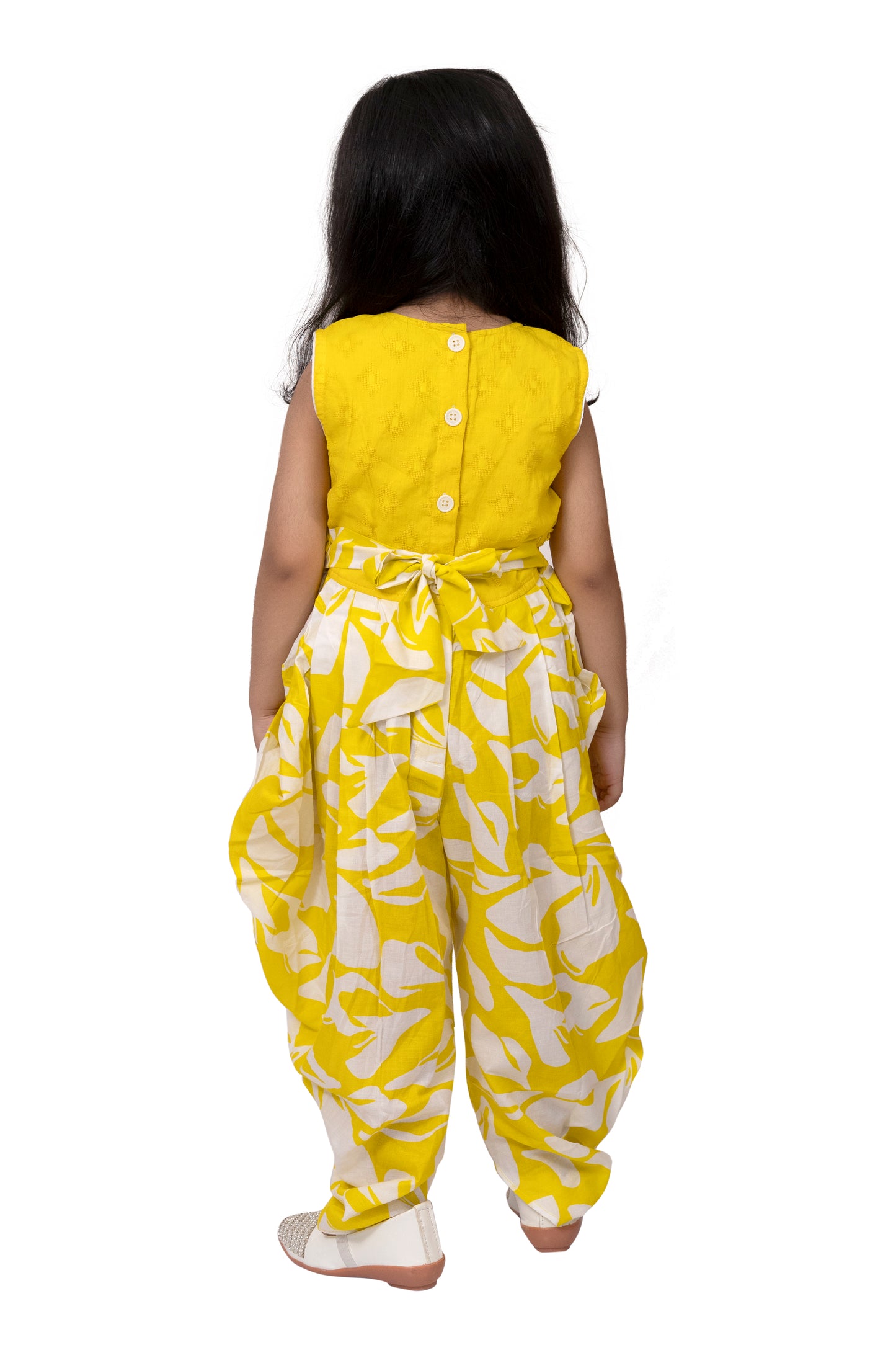 Twisha Cotton Sleeveless Embellished Jumpsuit - Yellow & White