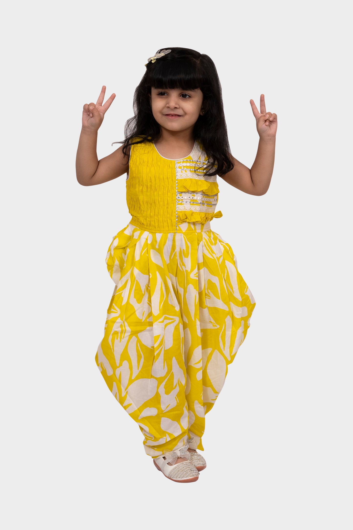 Twisha Cotton Sleeveless Embellished Jumpsuit - Yellow & White