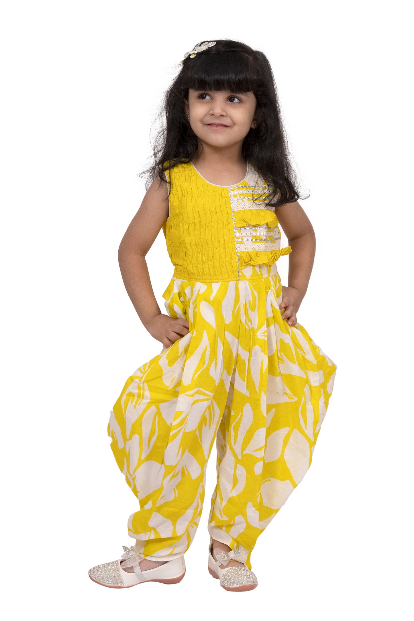 Twisha Cotton Sleeveless Embellished Jumpsuit - Yellow & White