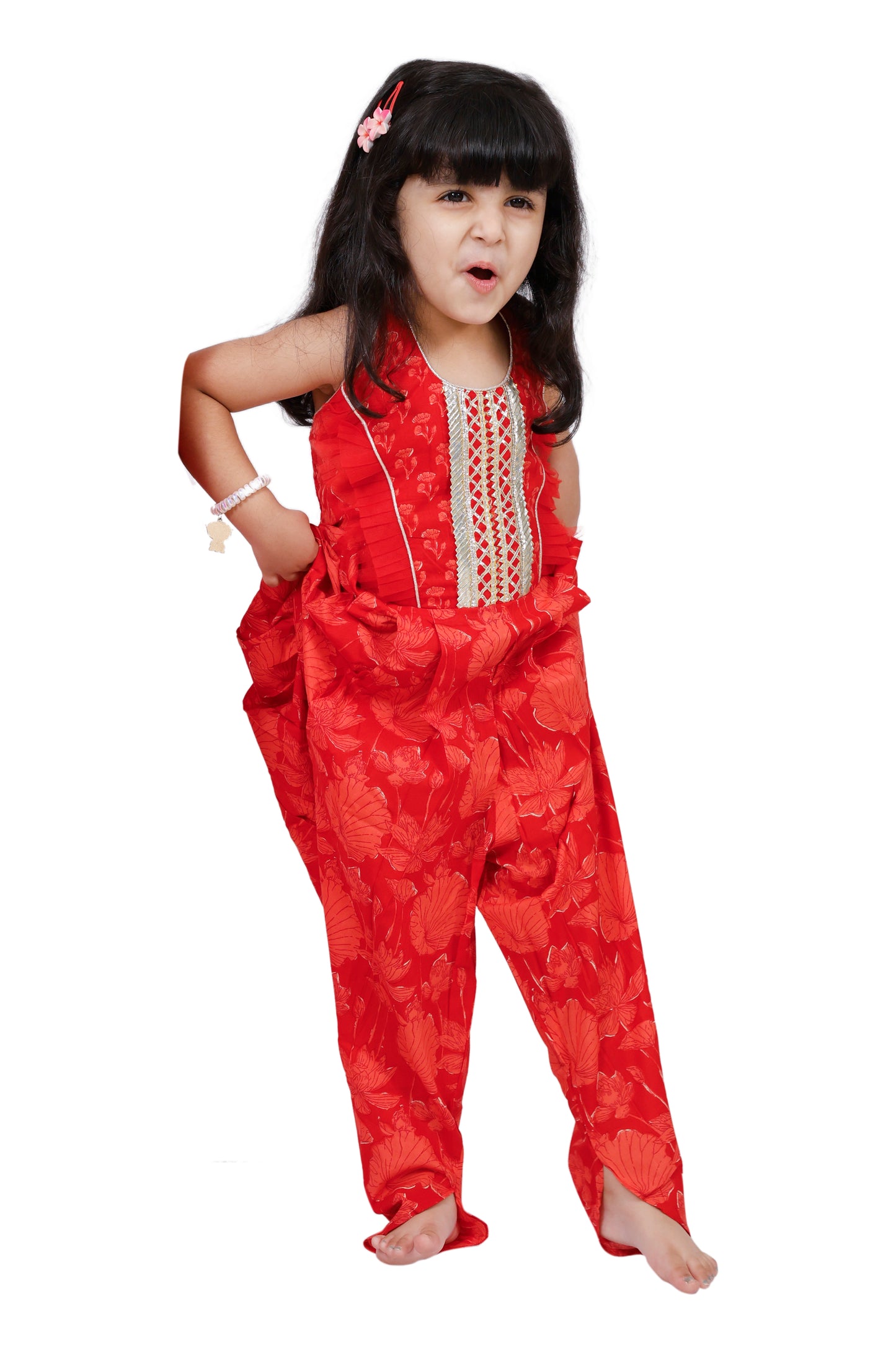 Twisha Cotton Sleeveless Embellished Jumpsuit - Red