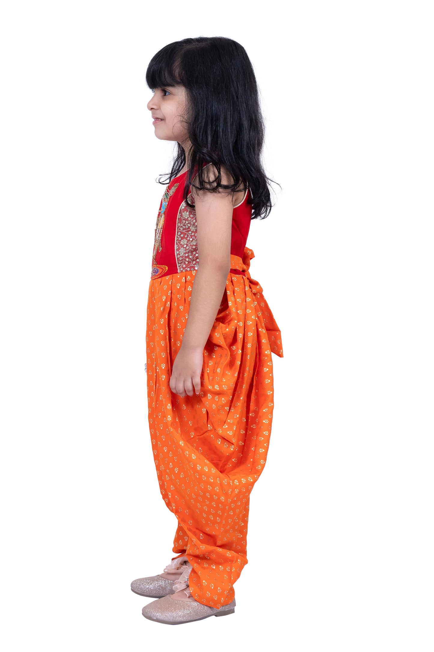 Twisha Cotton Sleeveless Krishna Printed Jumpsuit -Red & Orange