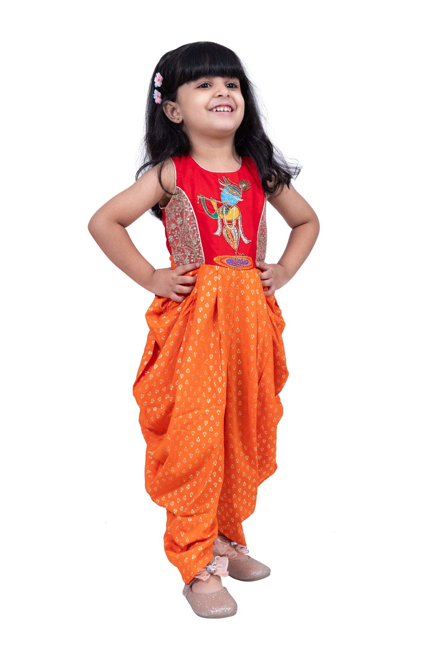 Twisha Cotton Sleeveless Krishna Printed Jumpsuit -Red & Orange