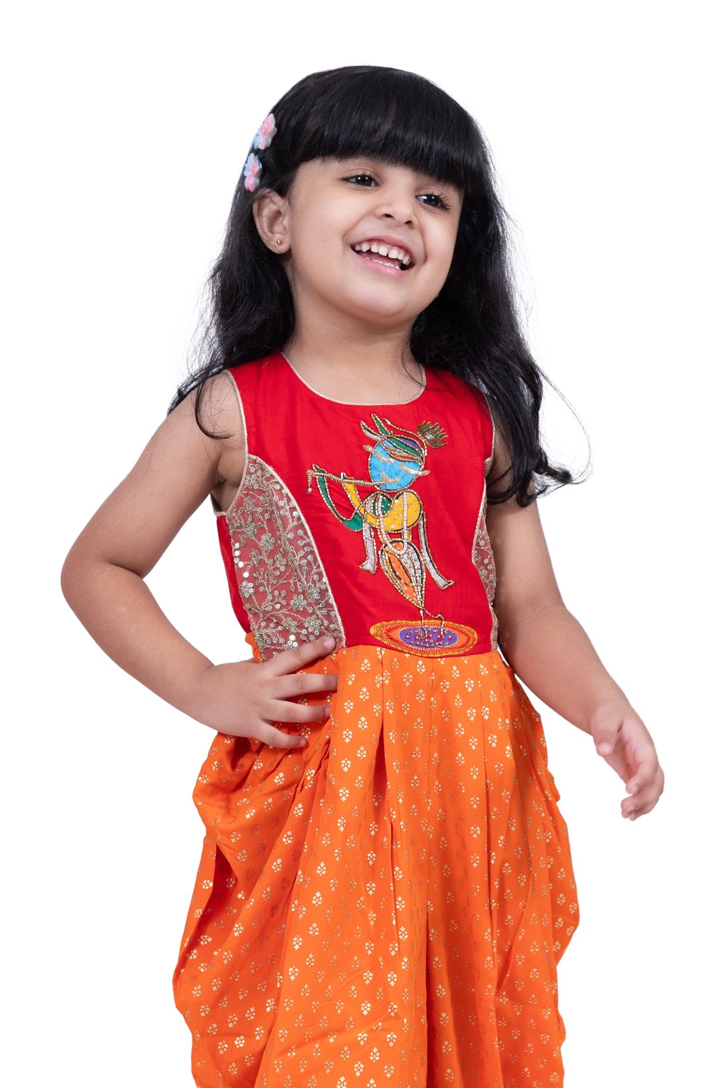 Twisha Cotton Sleeveless Krishna Printed Jumpsuit -Red & Orange