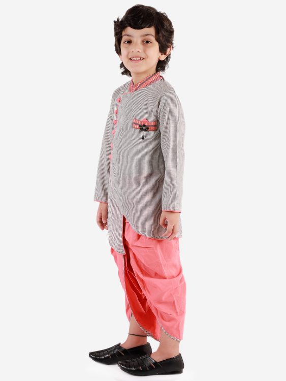 Twisha Strip Print Asymmetric Kurta With Peach Dhoti-Grey