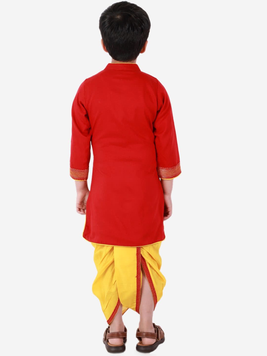 Boys Kurta Dhoti With Threadwork- Red And Yellow