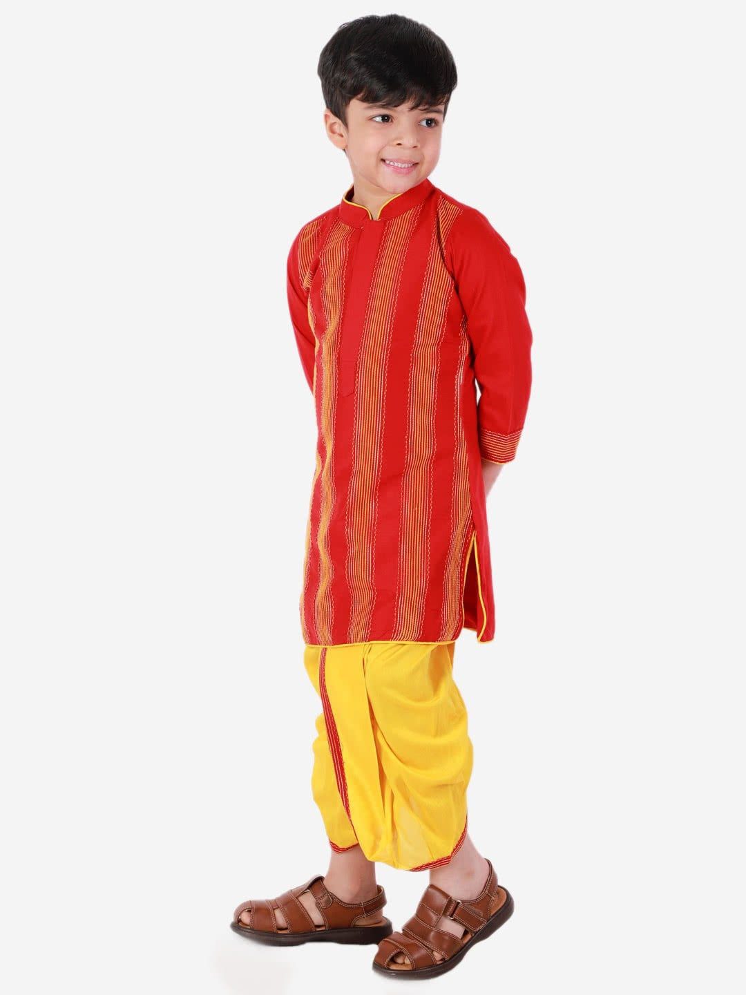 Boys Kurta Dhoti With Threadwork- Red And Yellow