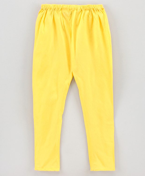 Boys Kurta Pyjama with Threadwork Assymetric Jacket - Yellow and Red