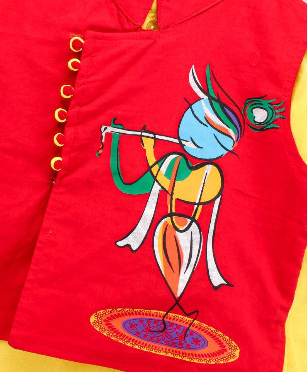 Boys Kurta Pyjama with Threadwork Assymetric Jacket - Yellow and Red