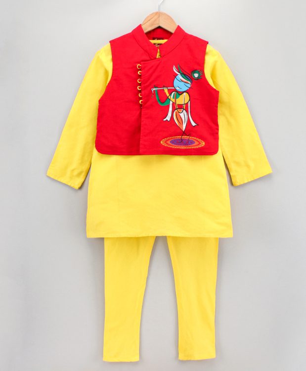 Boys Kurta Pyjama with Threadwork Assymetric Jacket - Yellow and Red