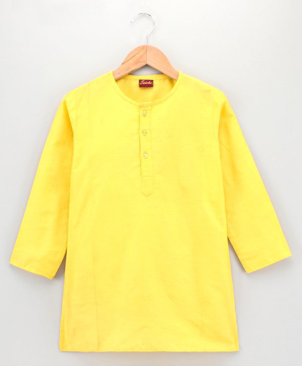 Boys Kurta Pyjama with Threadwork Assymetric Jacket - Yellow and Red