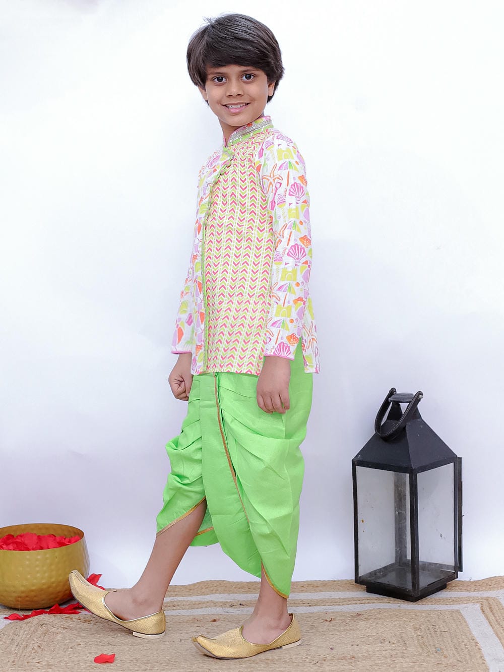 Twisha Boy's Full Sleeves Beach Print Overlap Kurta & Dhoti - White & Limegreen