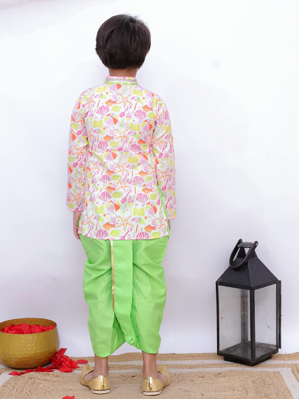 Twisha Boy's Full Sleeves Beach Print Overlap Kurta & Dhoti - White & Limegreen