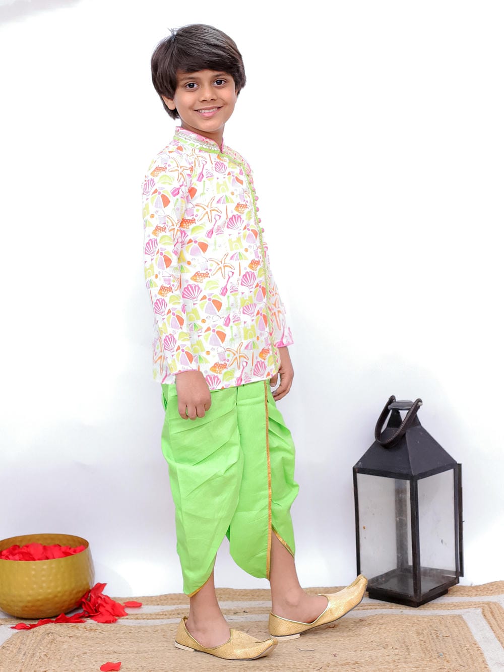 Twisha Boy's Full Sleeves Beach Print Overlap Kurta & Dhoti - White & Limegreen