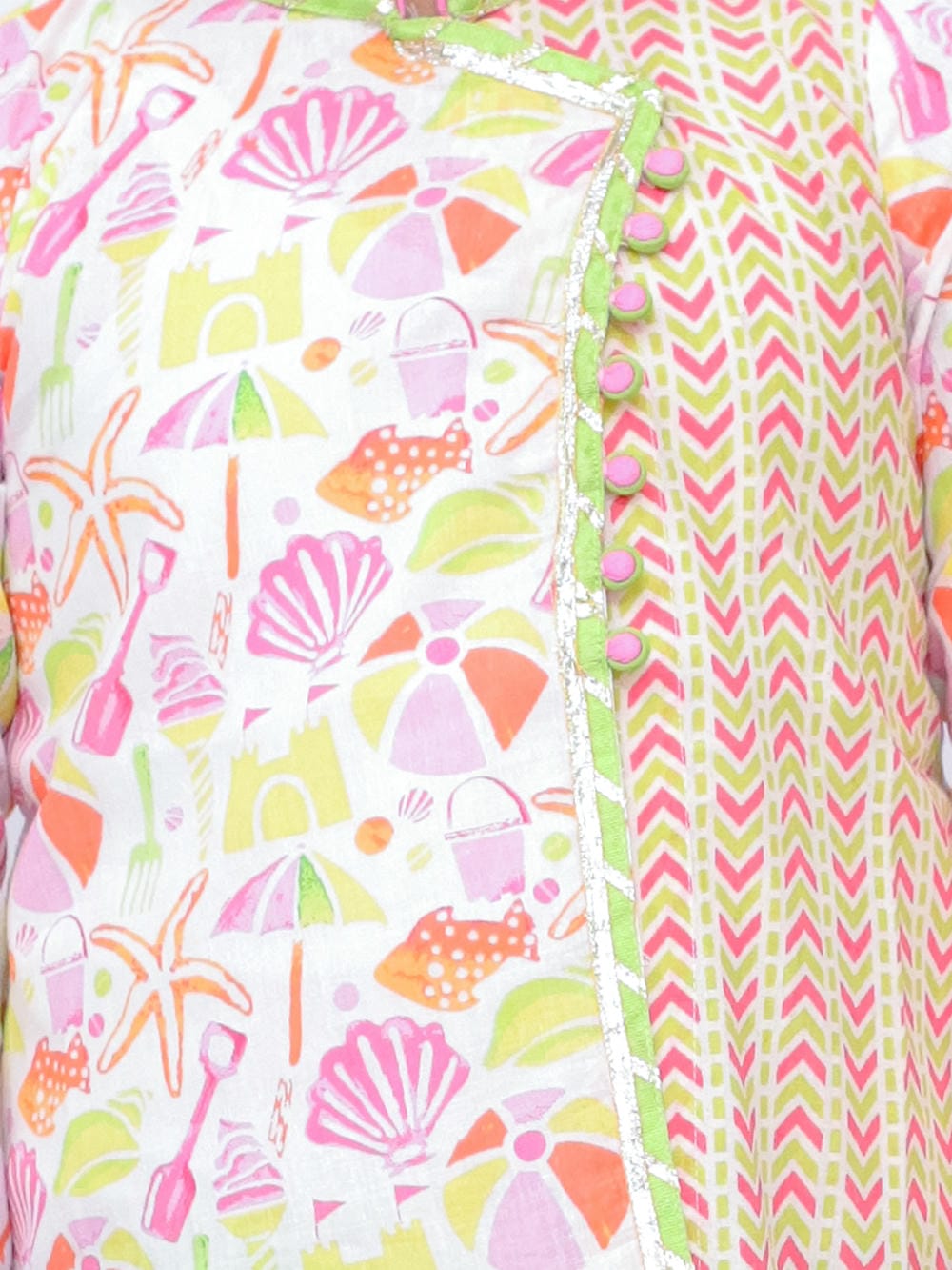 Twisha Boy's Full Sleeves Beach Print Overlap Kurta & Dhoti - White & Limegreen