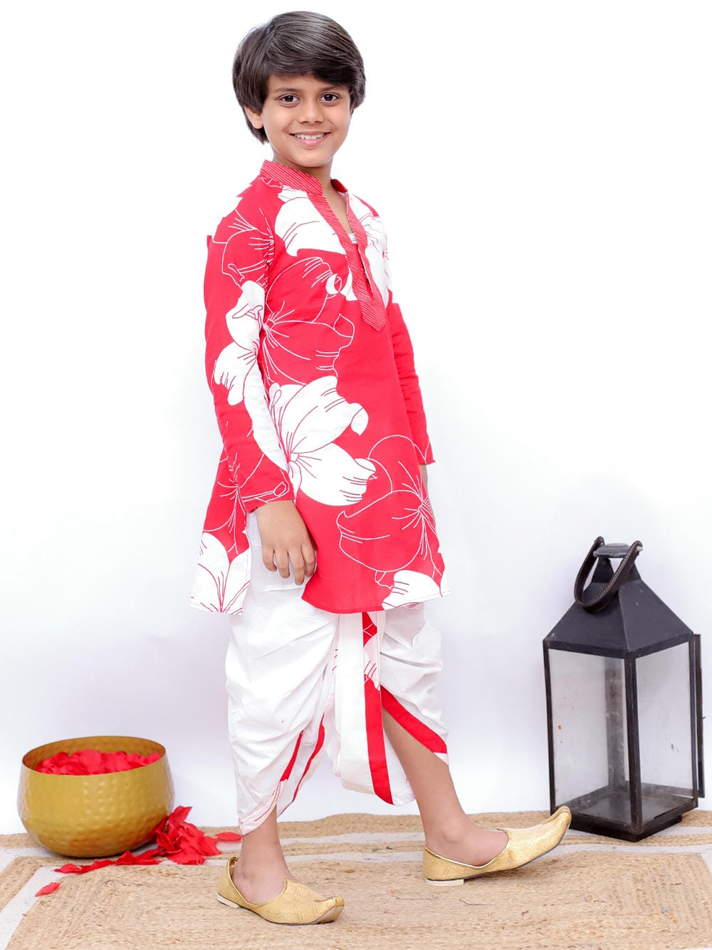 Twisha Boy's Full Sleeves Daisies Print Kurta & Dhoti- Red & White