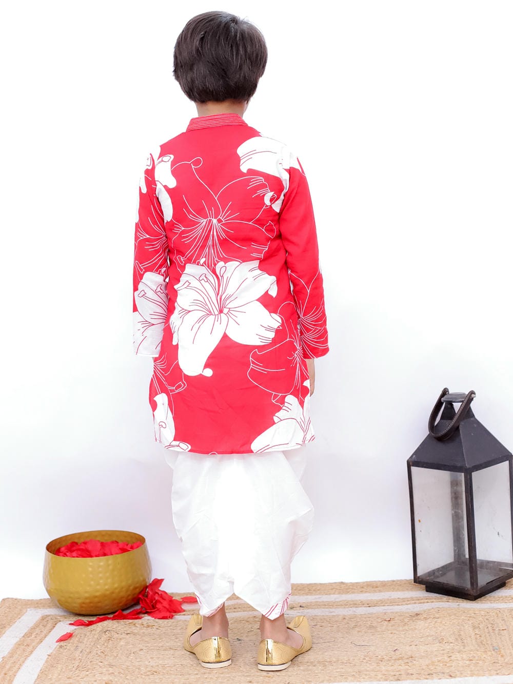 Twisha Boy's Full Sleeves Daisies Print Kurta & Dhoti- Red & White