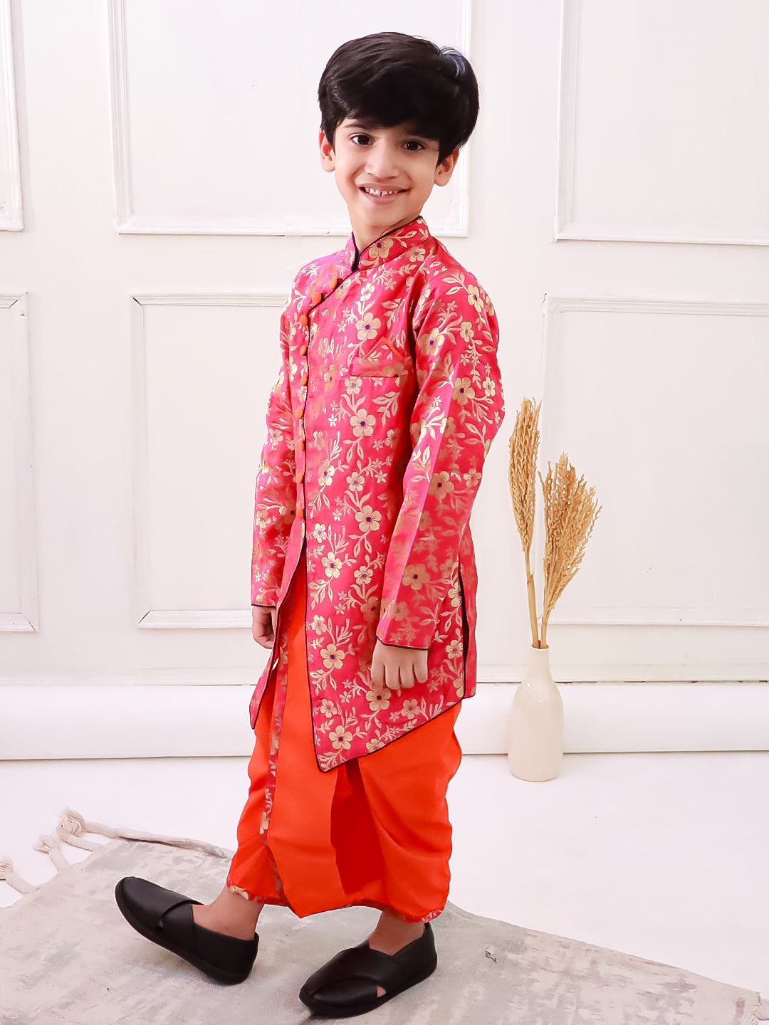 Twisha Brocade Fullsleeves Embellished kurta with Dhoti - Red & Orange