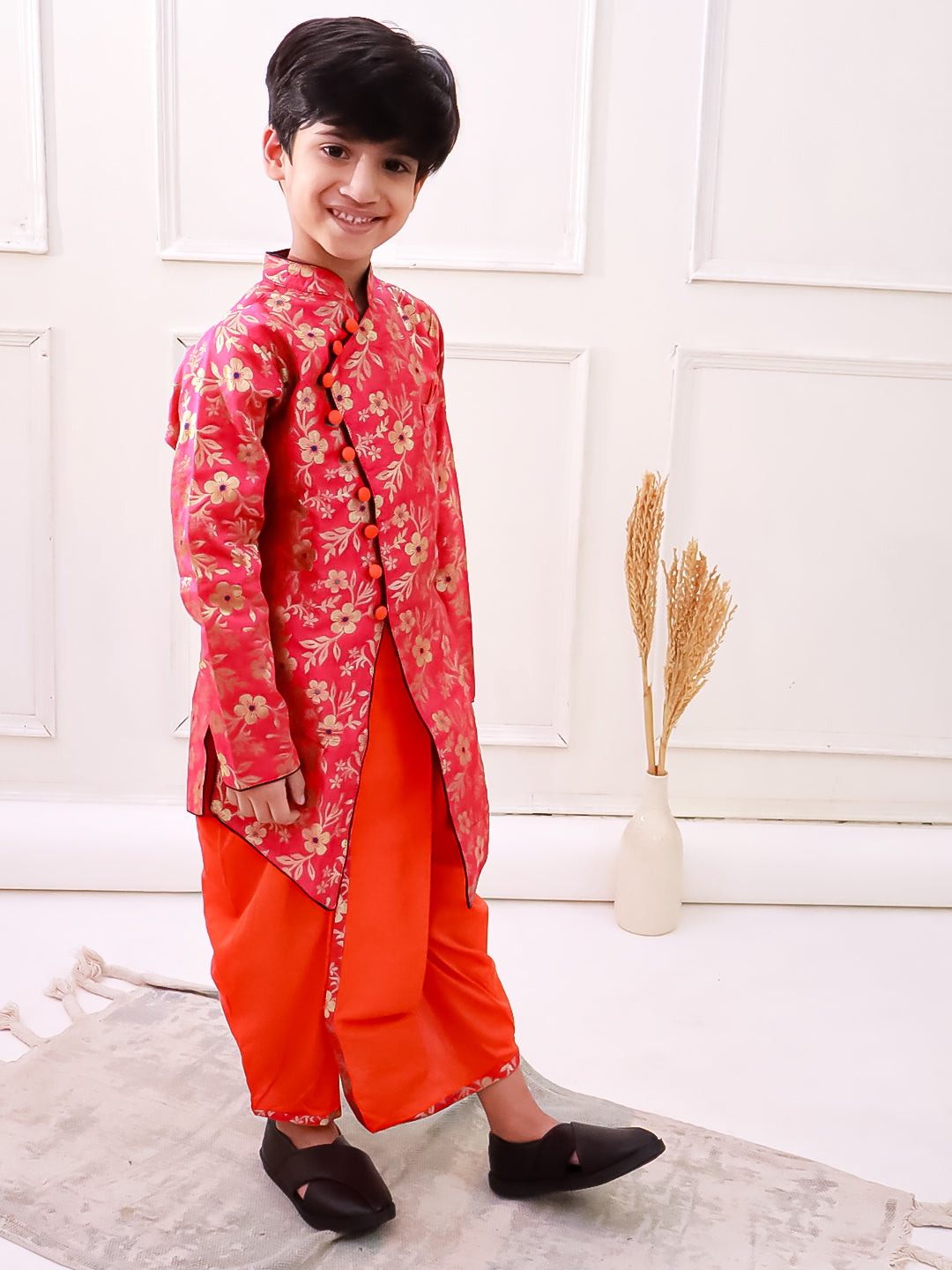 Twisha Brocade Fullsleeves Embellished kurta with Dhoti - Red & Orange