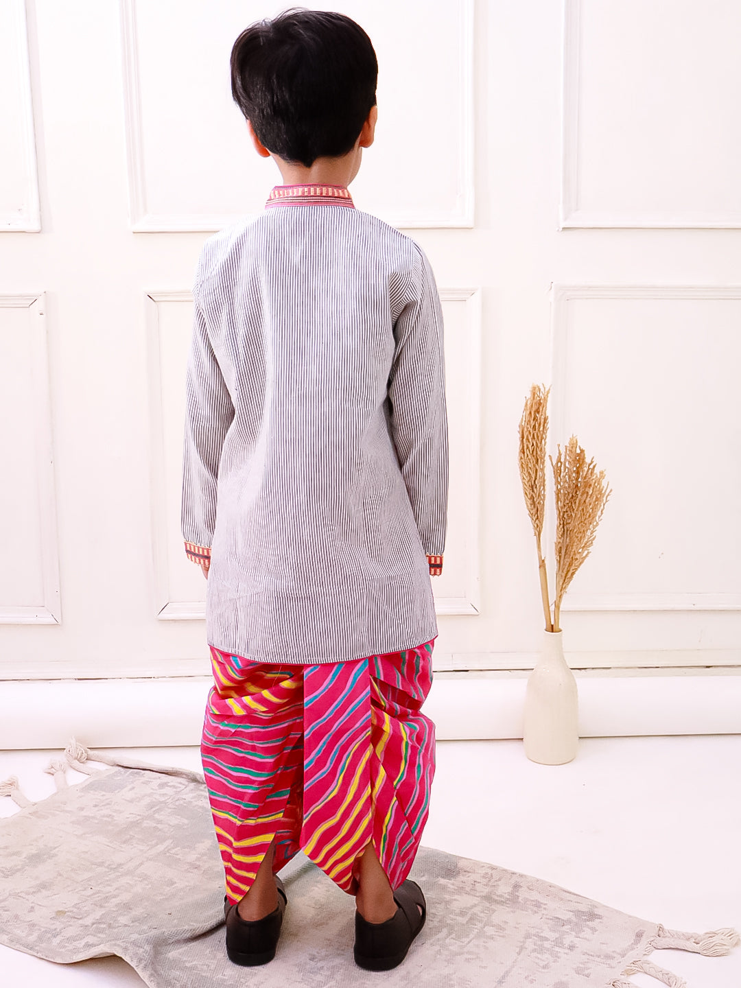 Twisha Cotton Fullsleeves Stripe Design kurta with Dhoti - Grey & Pink