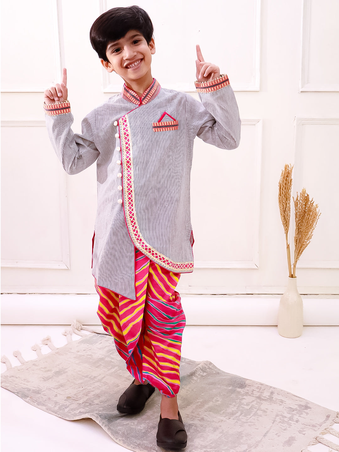 Twisha Cotton Fullsleeves Stripe Design kurta with Dhoti - Grey & Pink