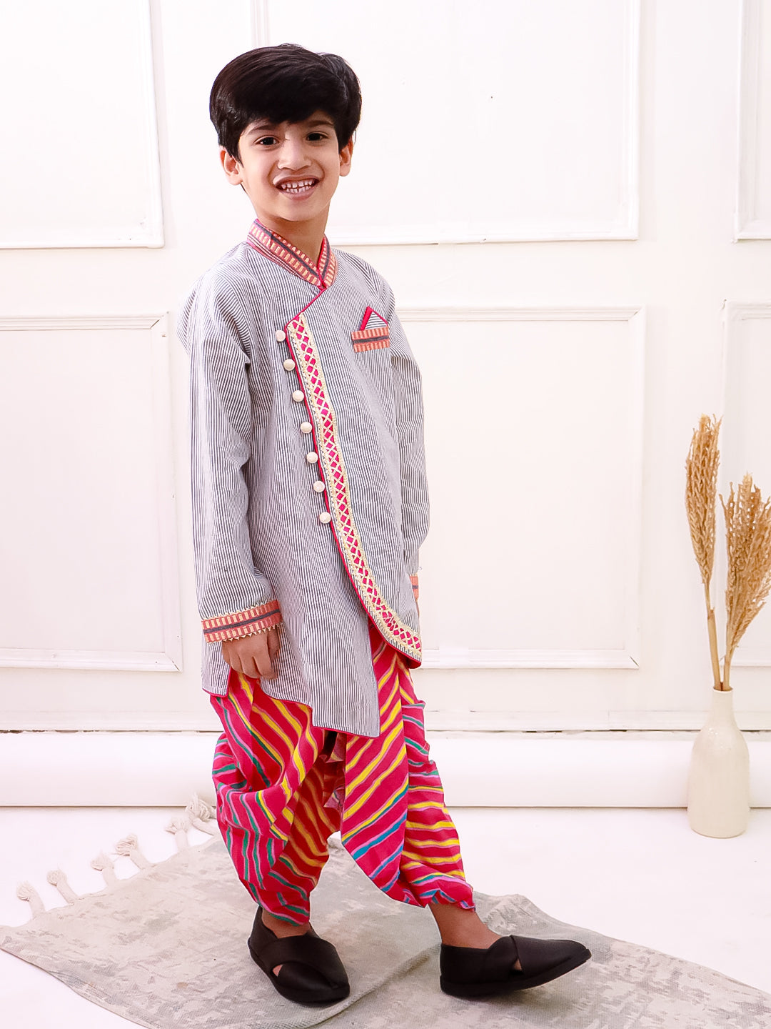 Twisha Cotton Fullsleeves Stripe Design kurta with Dhoti - Grey & Pink