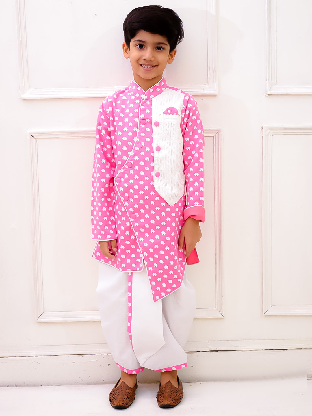 Twisha Cotton Fullsleeves All Over Printed kurta with Dhoti - BabyPink & White