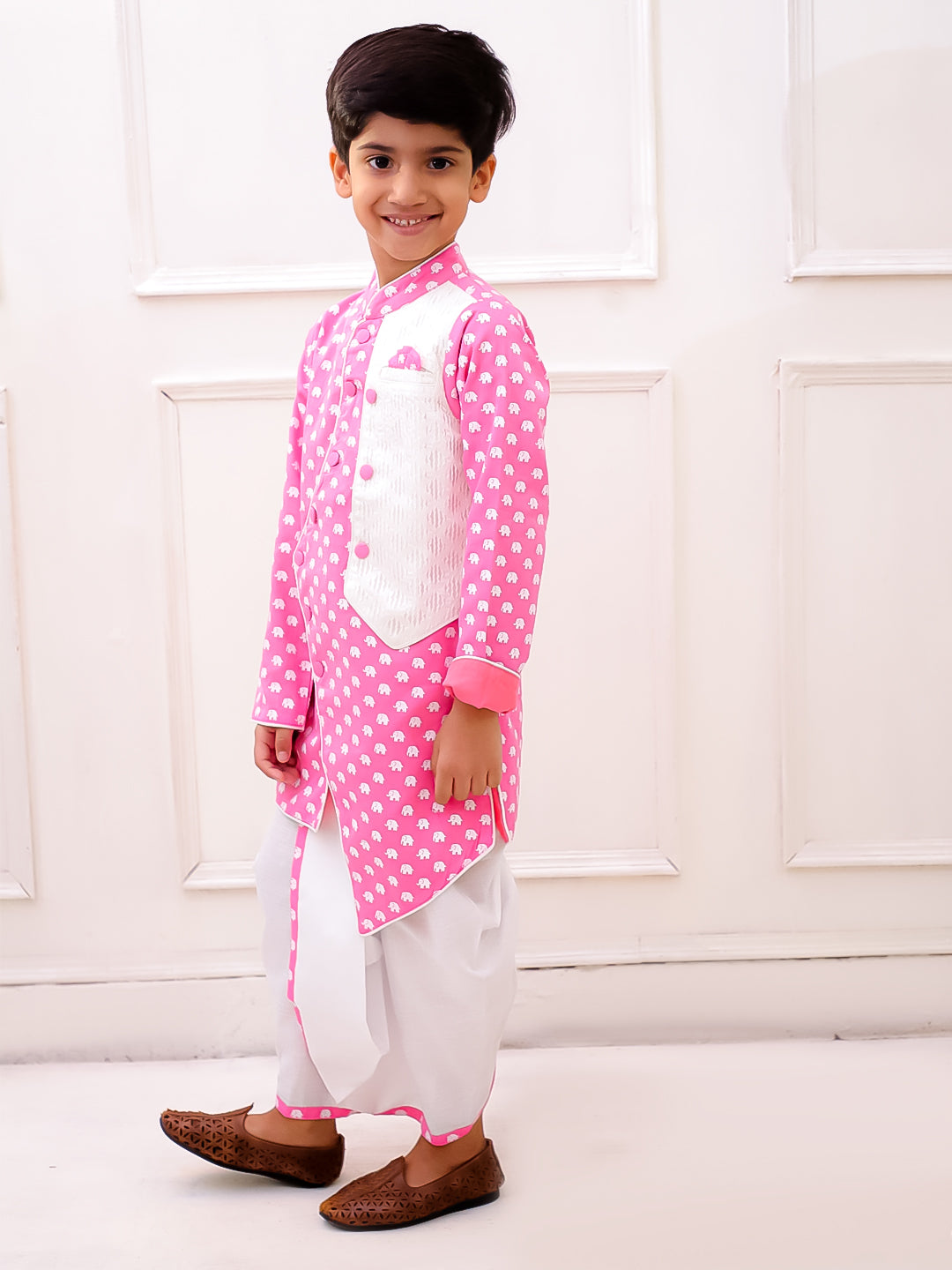 Twisha Cotton Fullsleeves All Over Printed kurta with Dhoti - BabyPink & White