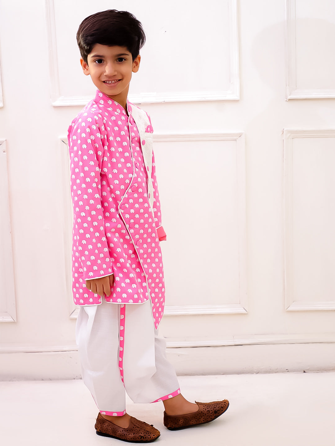 Twisha Cotton Fullsleeves All Over Printed kurta with Dhoti - BabyPink & White