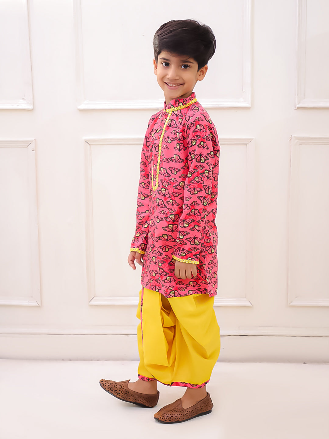 Twisha Rayon Fullsleeves Butterfly Printed kurta with Dhoti - Coral & Yellow