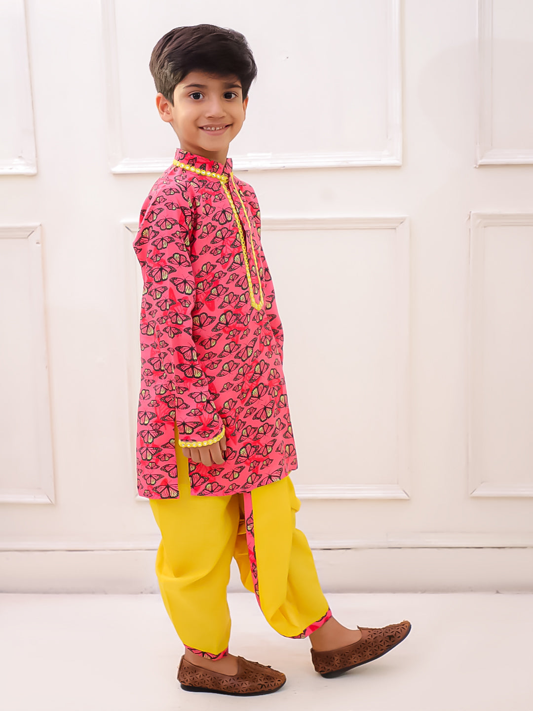 Twisha Rayon Fullsleeves Butterfly Printed kurta with Dhoti - Coral & Yellow