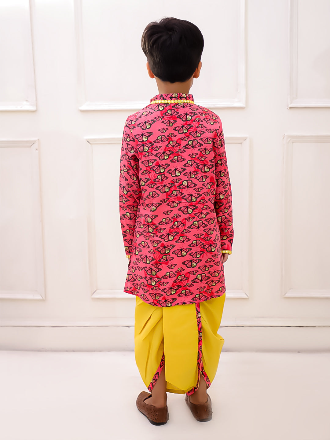 Twisha Rayon Fullsleeves Butterfly Printed kurta with Dhoti - Coral & Yellow