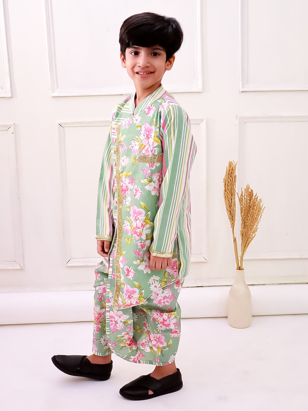 Twisha Cotton Fullsleeves All Over Printed kurta with Dhoti - Olive Green & Pink