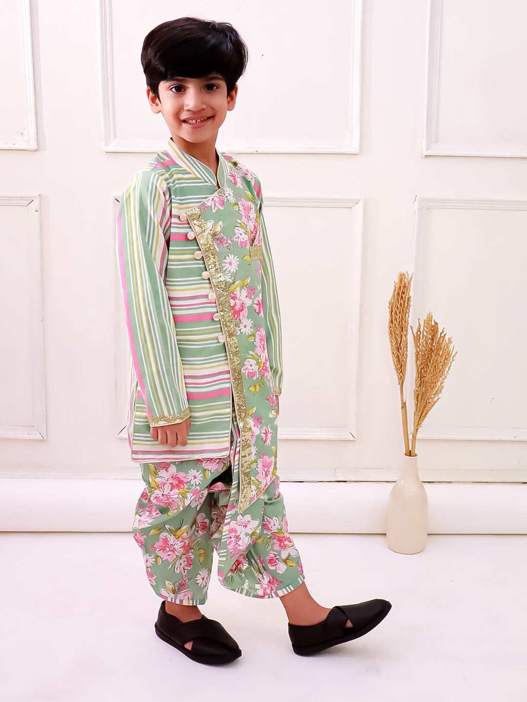 Twisha Cotton Fullsleeves All Over Printed kurta with Dhoti - Olive Green & Pink