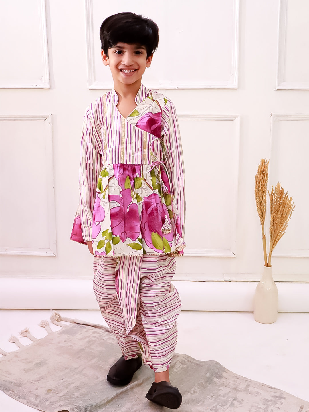 Twisha Cotton Fullsleeves All Over Printed kurta with Dhoti - White & Purple