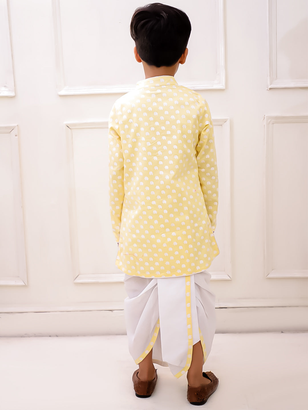 Twisha Cotton Fullsleeves elephant Printed kurta with Dhoti - Yellow & White