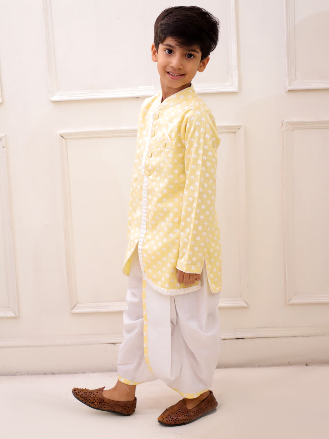 Twisha Cotton Fullsleeves elephant Printed kurta with Dhoti - Yellow & White