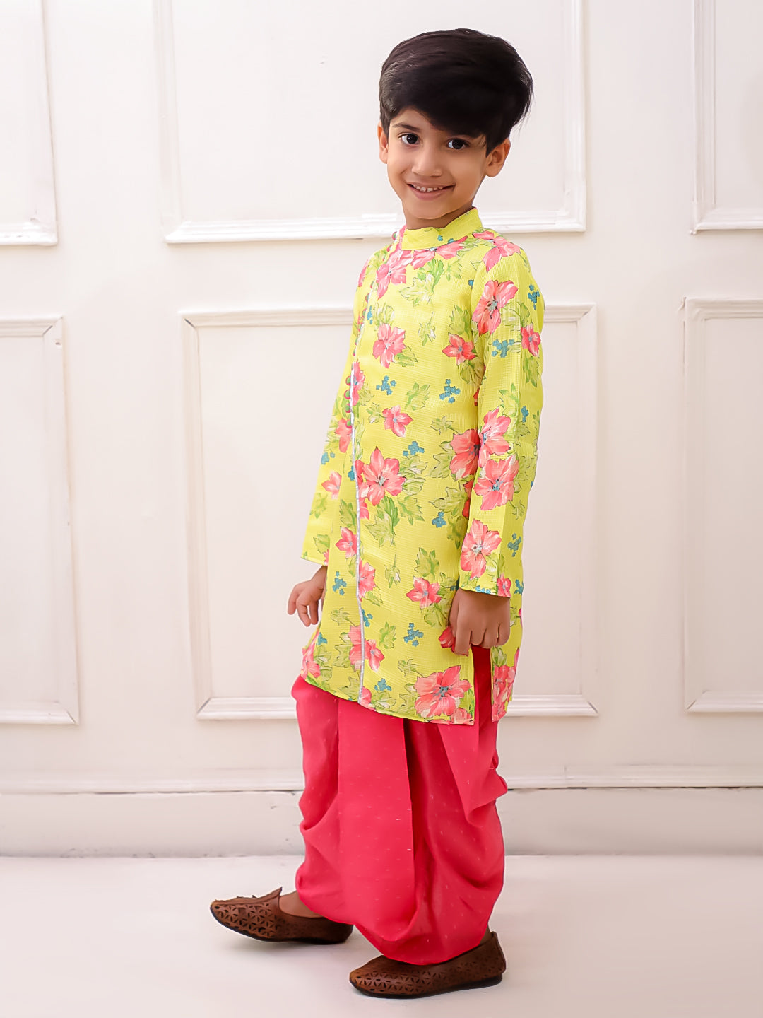 Twisha Fullsleeves Floral Printed kurta with Dhoti - Lemon & Pink