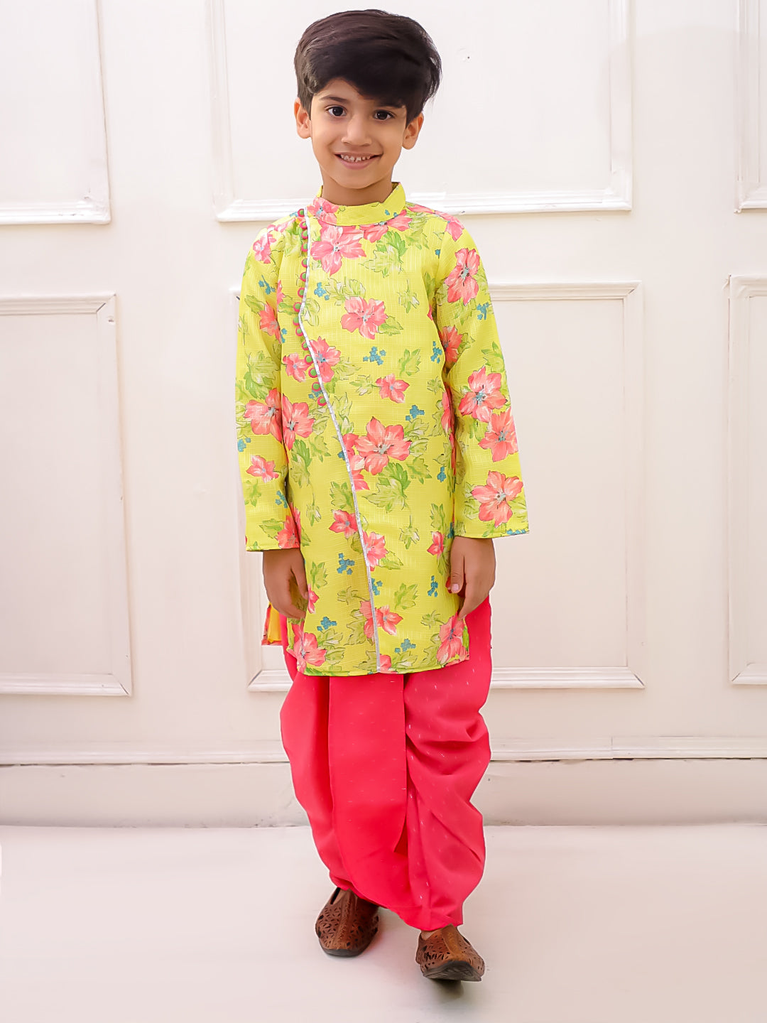 Twisha Fullsleeves Floral Printed kurta with Dhoti - Lemon & Pink