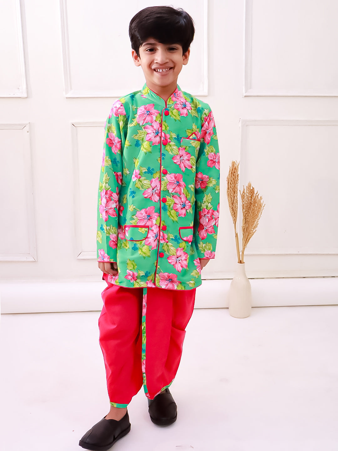 Twisha Fullsleeves Floral Printed kurta with Dhoti - SeaGreen & Pink