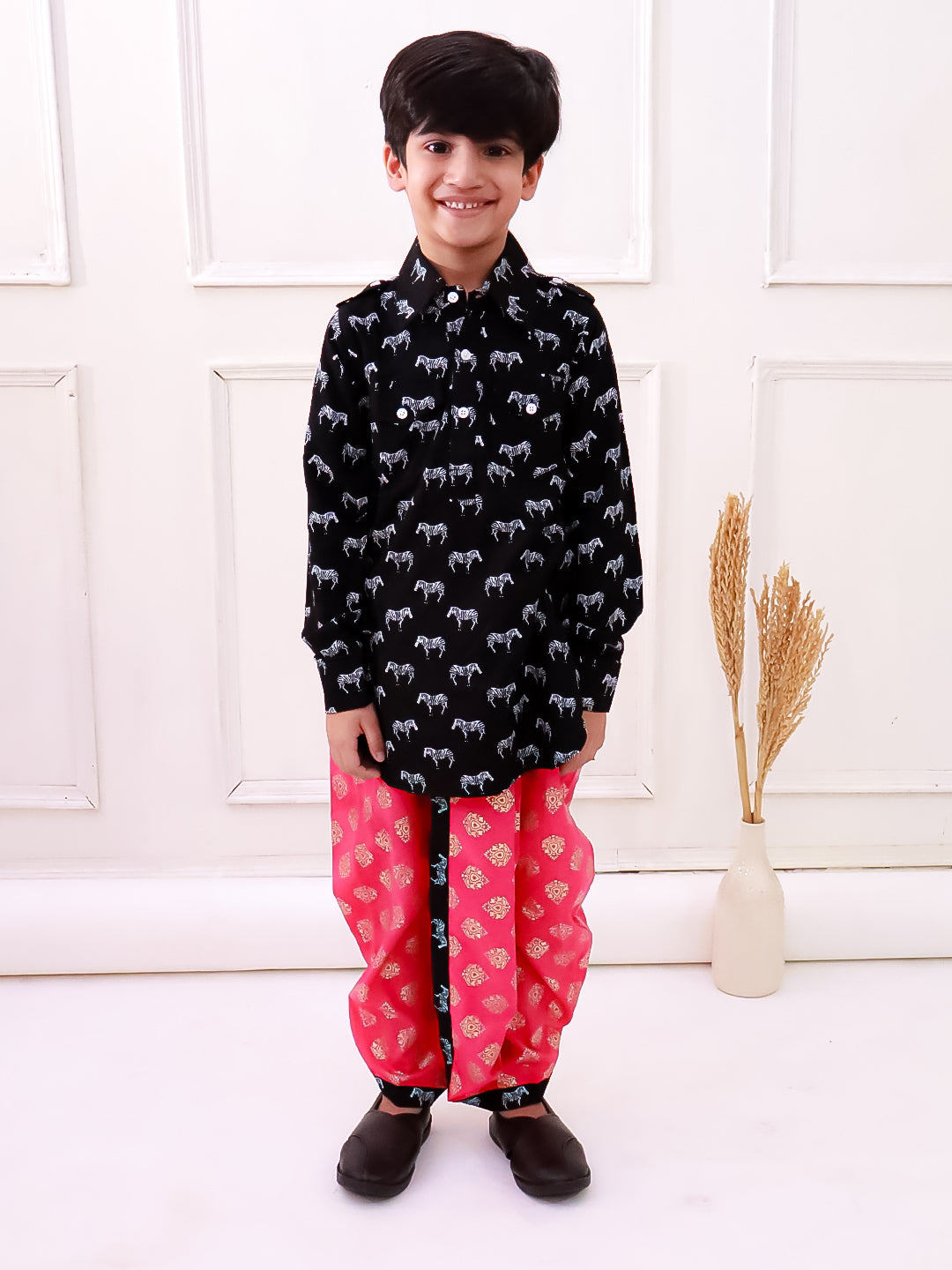 Twisha Rayon Fullsleeves Zebra Printed kurta with Dhoti - Black & Coral