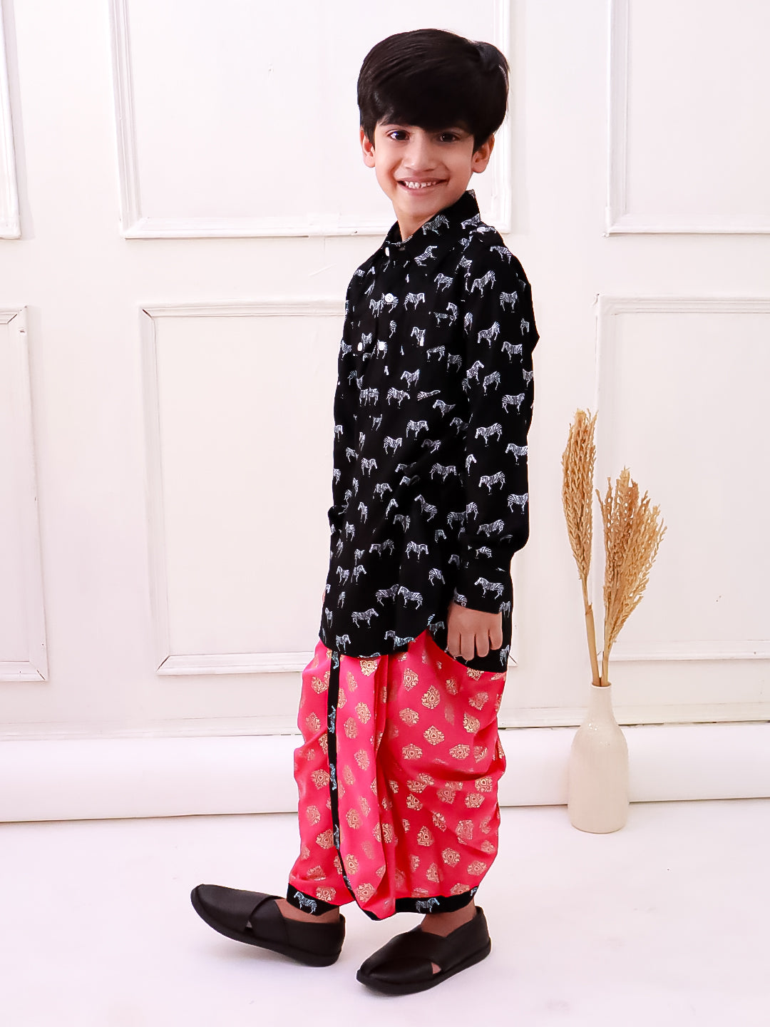 Twisha Rayon Fullsleeves Zebra Printed kurta with Dhoti - Black & Coral