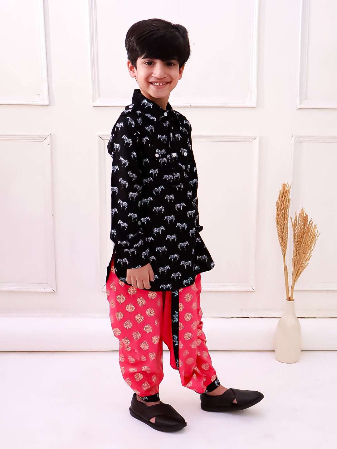 Twisha Rayon Fullsleeves Zebra Printed kurta with Dhoti - Black & Coral