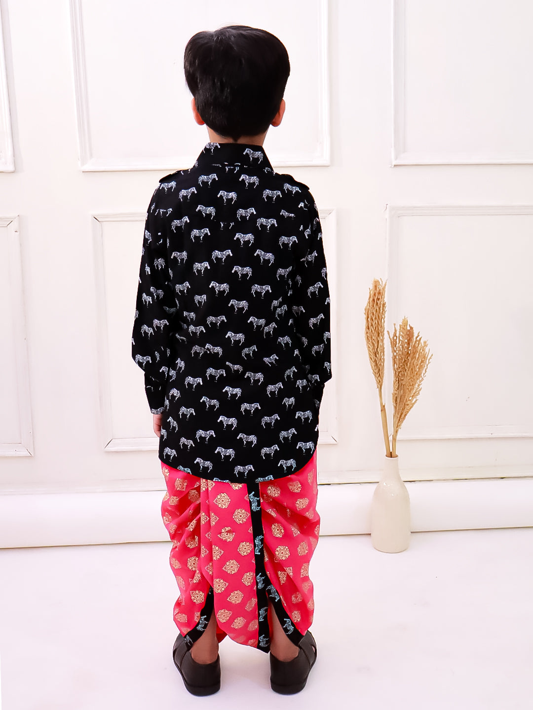 Twisha Rayon Fullsleeves Zebra Printed kurta with Dhoti - Black & Coral