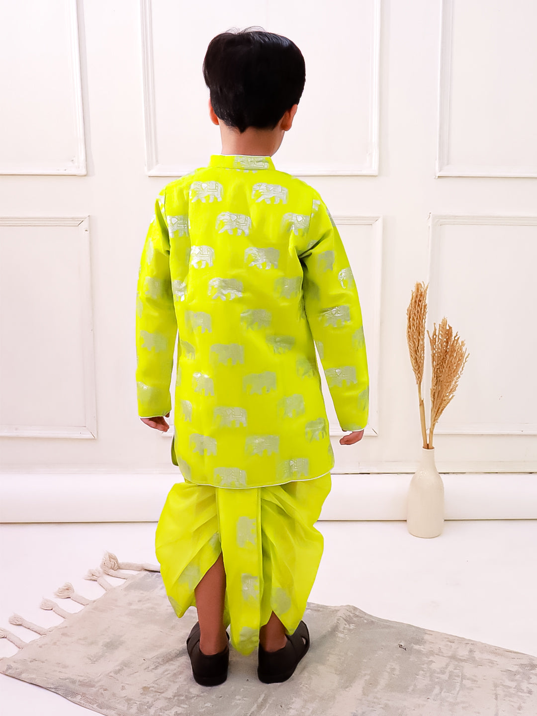 Twisha Chanderi Fullsleeves Elephant Printed Kurta with Dhoti - Limegreen