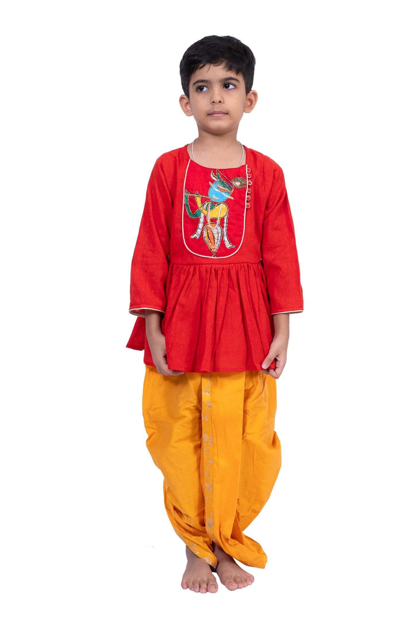Twisha Cotton 3/4Sleeves Krishna Printed Kurta With Dhoti - Red & Yellow