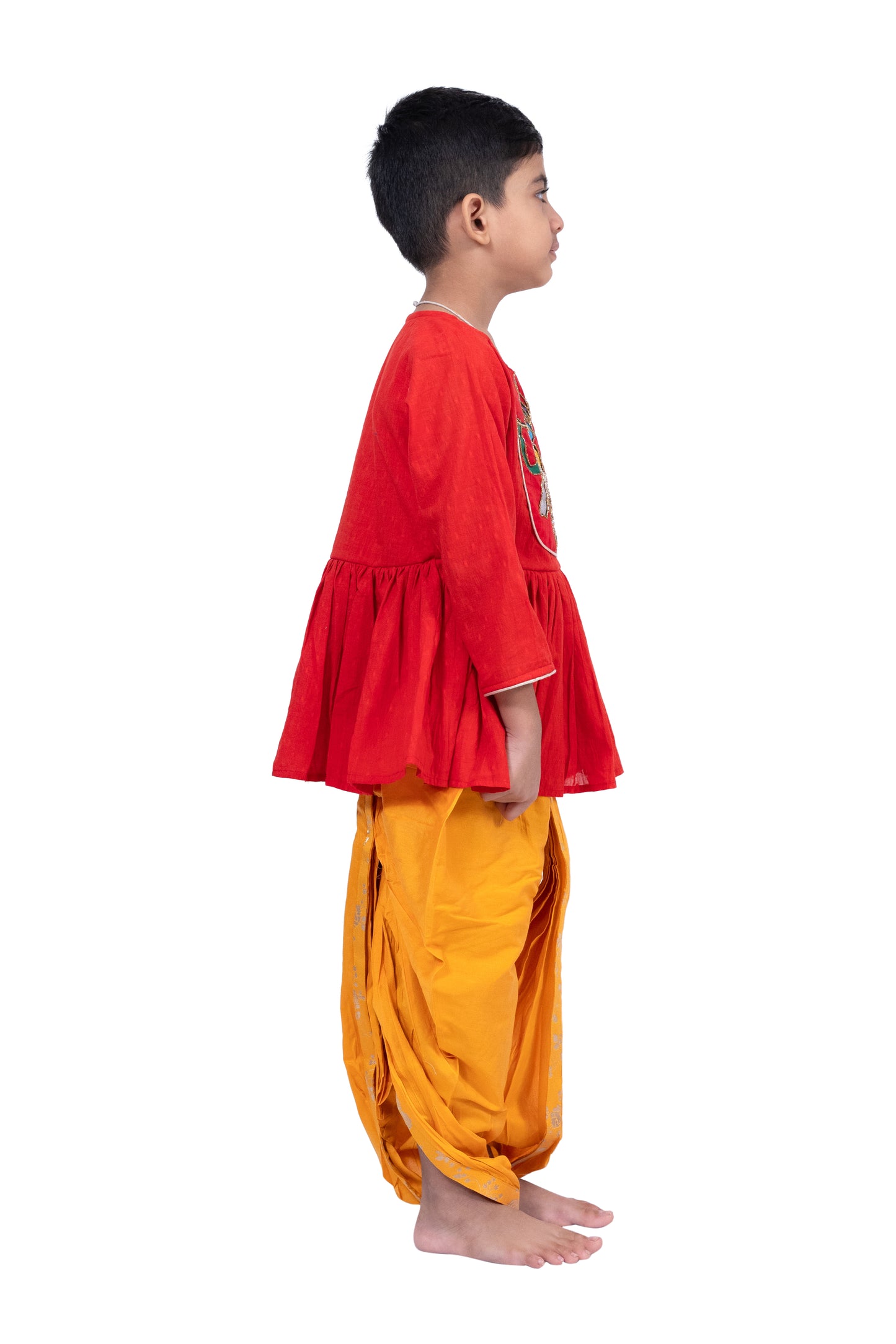 Twisha Cotton 3/4Sleeves Krishna Printed Kurta With Dhoti - Red & Yellow