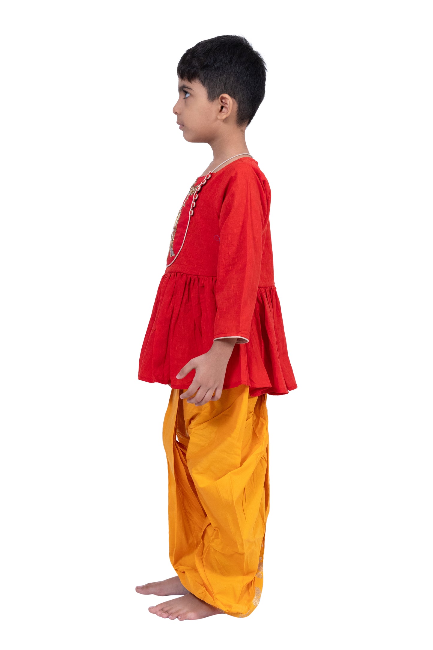 Twisha Cotton 3/4Sleeves Krishna Printed Kurta With Dhoti - Red & Yellow