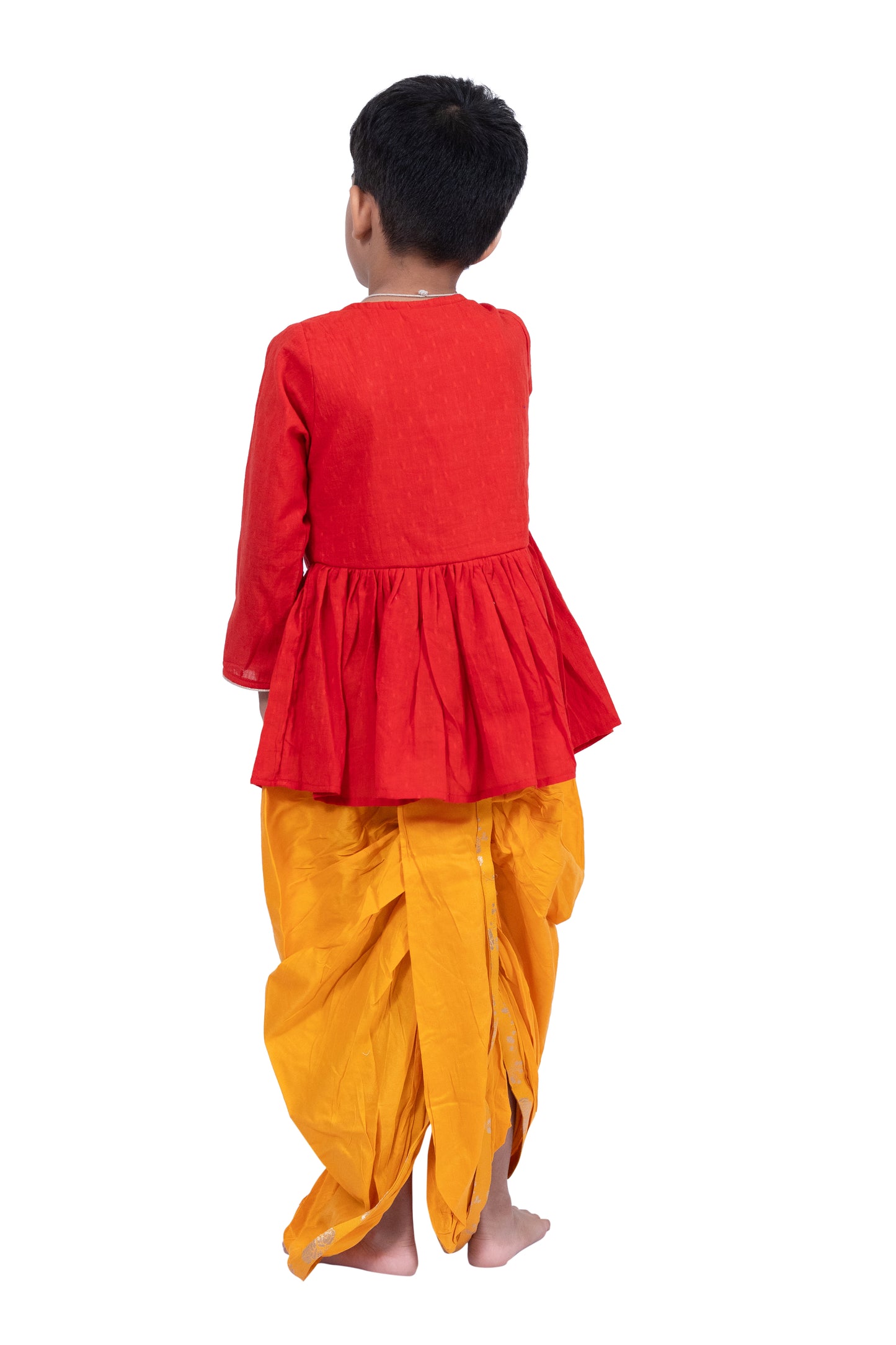 Twisha Cotton 3/4Sleeves Krishna Printed Kurta With Dhoti - Red & Yellow