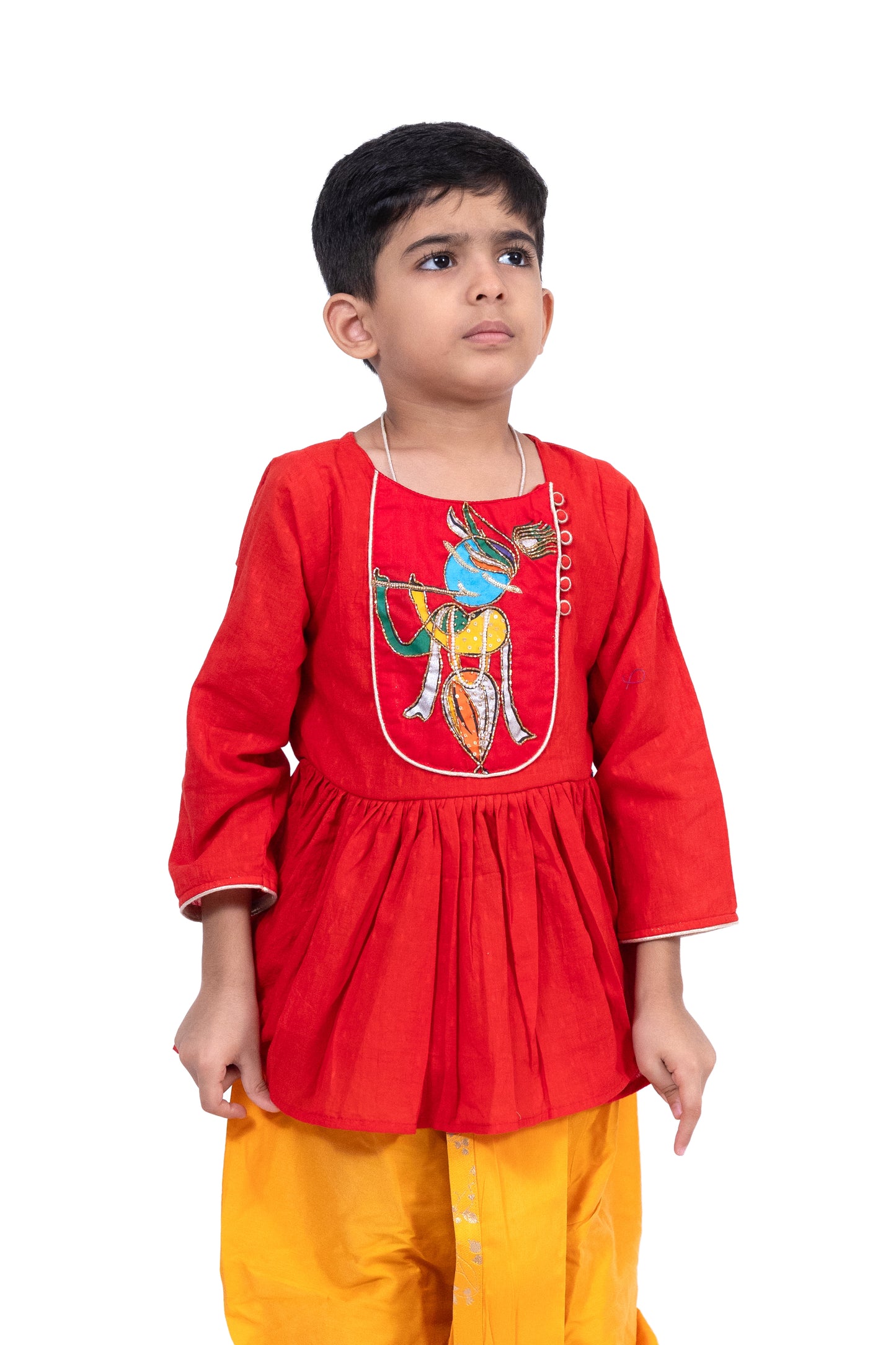 Twisha Cotton 3/4Sleeves Krishna Printed Kurta With Dhoti - Red & Yellow