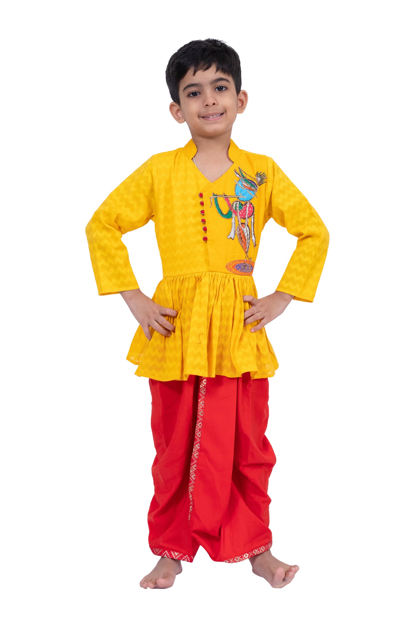 Twisha Cotton 3/4Sleeves Krishna Printed Kurta With Dhoti - Yellow & Red